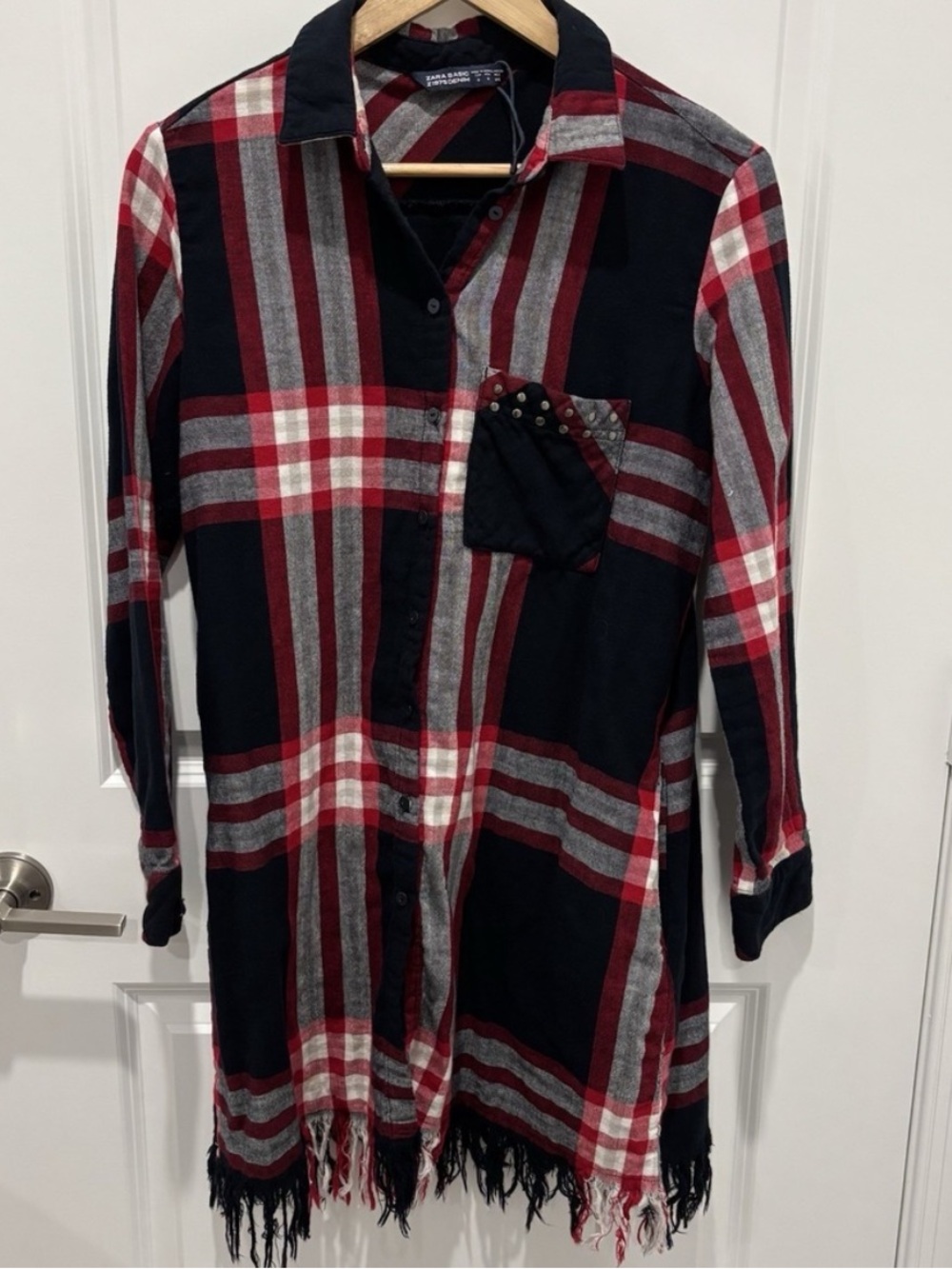 Zara Basic Denim Women's XL, Red White Blue Shirt Dress, Plaid Fringe Sz S
